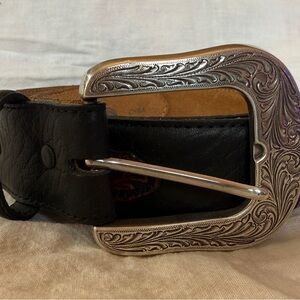 Justin Black Leather Belt with Western Style Silver Buckle and Detailing